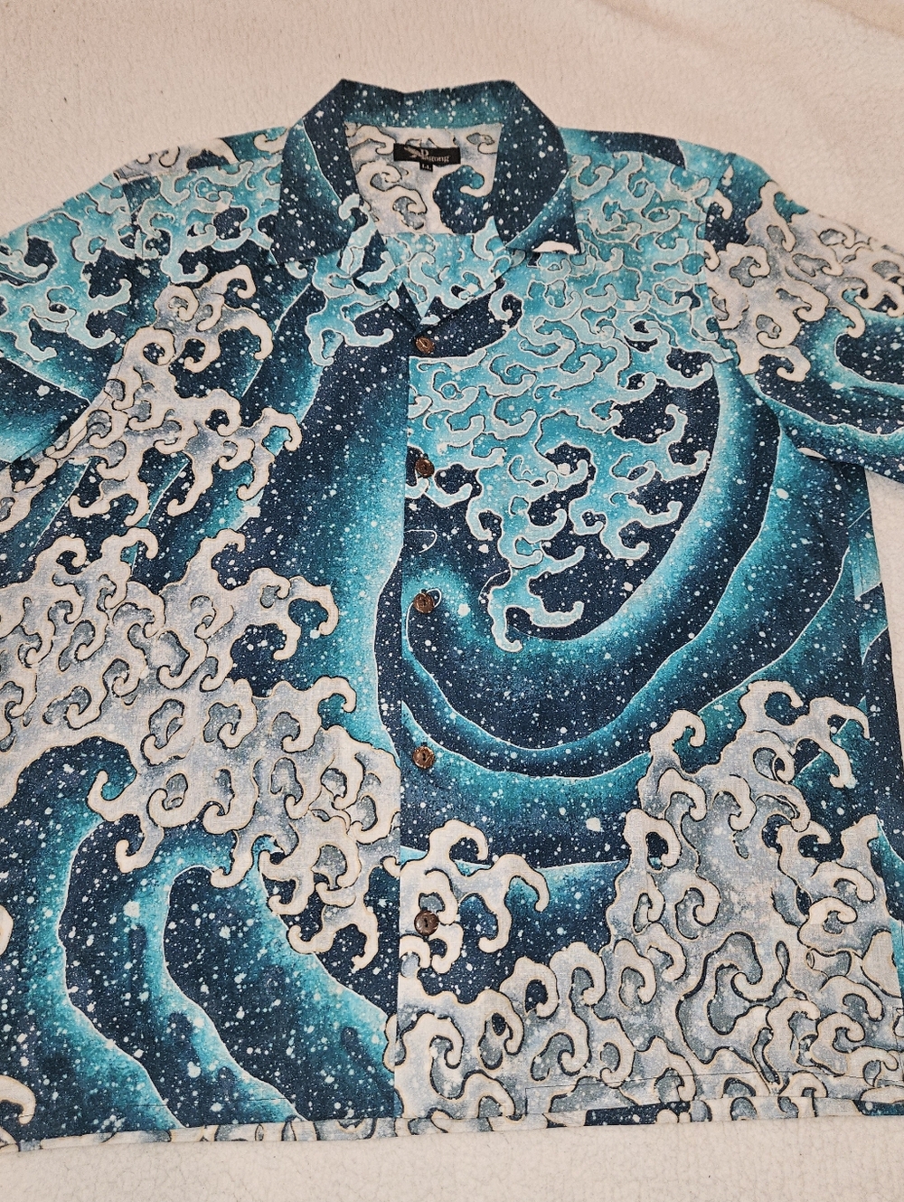 Pagong HOKUSAI'S MASCULINE WAVE Cotton & Linen Aloha Size LL Hawaiian Kyoto
